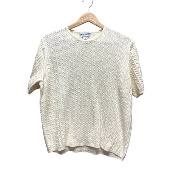 Pendleton Vintage Ivory Short Sleeved Ribbed Crew Neck Cotton Sweater - Picture 2 of 6